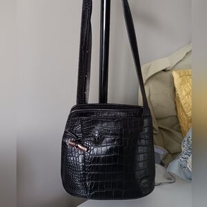 Longchamp Dark Brown Croc-Embossed Crossbody Bag